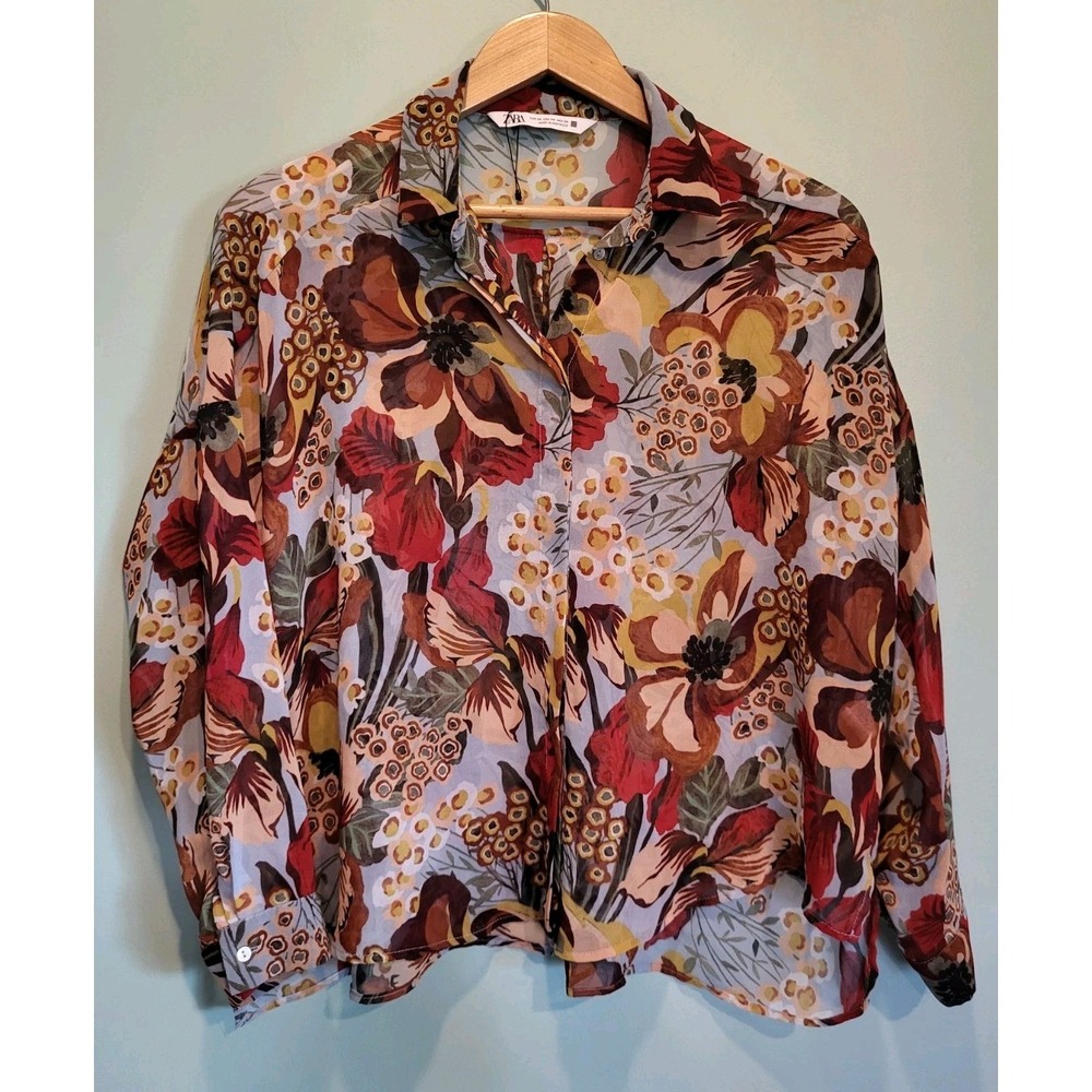 NWOT Zara Sheer Brown Floral Button Up Oversized Top Sz XS